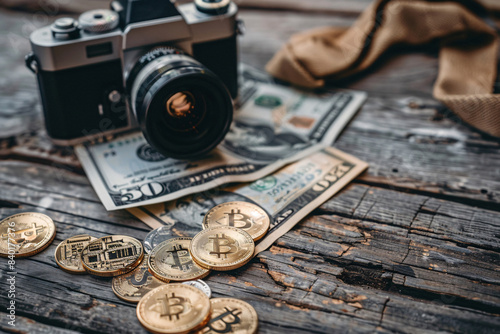 a camera and money on a table photo