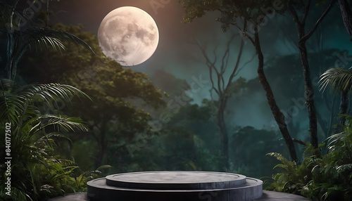 Fototapeta Naklejka Na Ścianę i Meble -   Enchanting jungle clearing with a moonlit stone podium, ideal for showcasing products that evoke nature, adventure, or fantasy themes