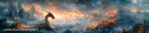 A dragon on a mountain with cloudy sky and orange afterglow in a painting photo