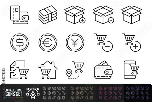 Set of line icons in linear style. Series - E-commerce and shopping. Online shopping cart, electronic purchase and sale on marketplaces. Conceptual pictogram and infographic.