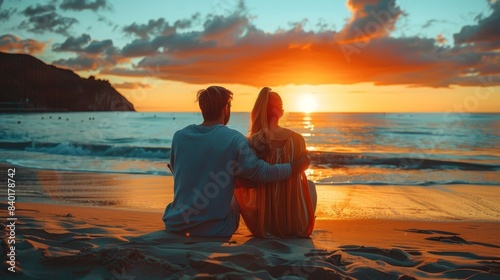 A couple sits on a sandy beach  their backs to the camera  as they watch the sunset over the ocean  summer vacation.