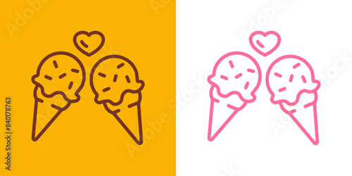 Logo i love ice cream. Silueta con líneas de helados con bola en cono de waffle sabores fresa y chocolate con corazón