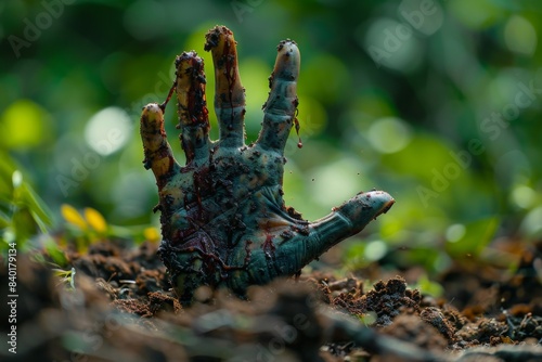 Hand in dirt, green background photo