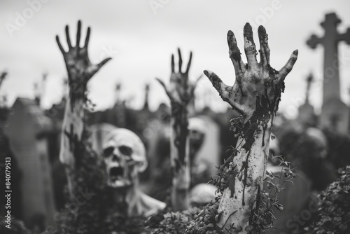 Zombie hands emerge from grave with distant cross