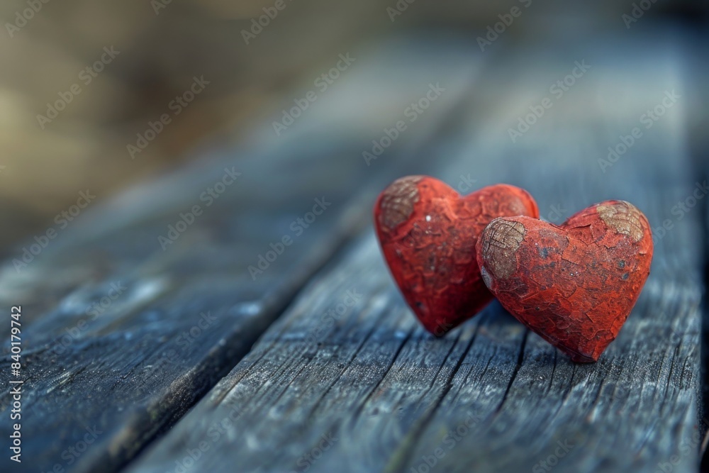 Fototapeta premium Pair red hearts wood bench