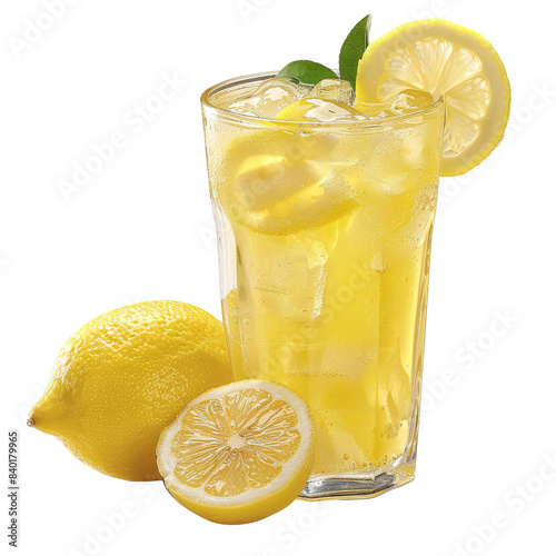 Refreshing glass of cold lemonade with ice cubes and fresh lemon slices, perfect for a hot summer day.
