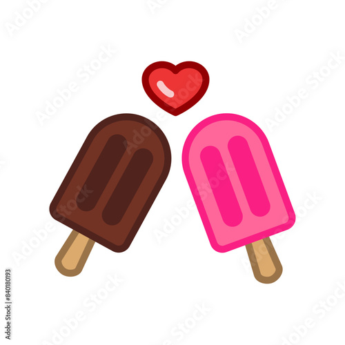 Logo i love ice cream. Helados de paleta sabores fresa y chocolate con corazón