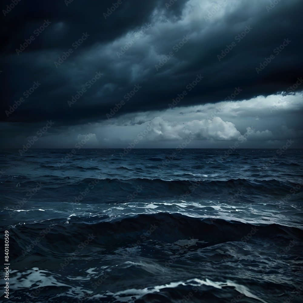 The ocean appears ghostly under a black-blue sky filled with haunted clouds. The water reflects a mysterious, gloomy light, creating a sense of depression and dread. The blurred texture The ocean appears ghostly under a black-blue sky filled with haunted clouds. The water reflects a mysterious, gloomy light, creating a sense of depression and dread. The blurred texture