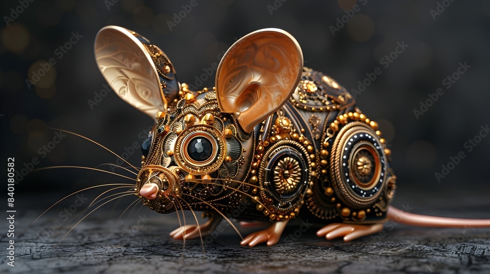 Fototapeta premium Exquisite Golden Mouse A Meticulously Detailed 3D Rendered Sculpture of a Luxurious Rodent Figurine