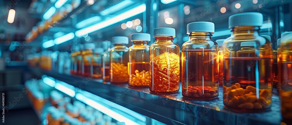 Bottles of pharmaceutical drugs neatly arranged copy space, supply theme, futuristic, blend mode, storage shelf backdrop Bottles of pharmaceutical drugs neatly arranged copy space, supply theme, futuristic, blend mode, storage shelf backdrop