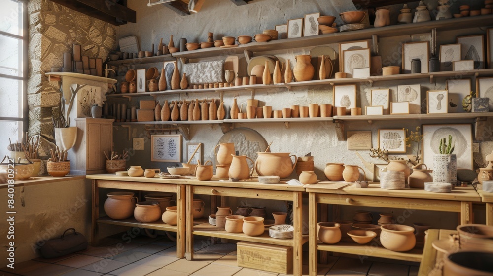 Fototapeta premium Artisanal Elegance Pottery Gallery Showcase with Business Cards Wheels and Kilns Crafted Creations Await