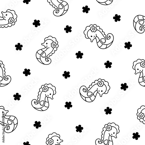 Cute kawaii seahorse. Seamless pattern. Coloring Page. Cartoon underwater animal characters. Hand drawn style. Vector drawing. Design ornaments.