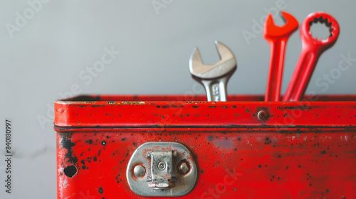Red Toolbox with Essential Tools for DIY and Home Repair Projects. Father's Day concept