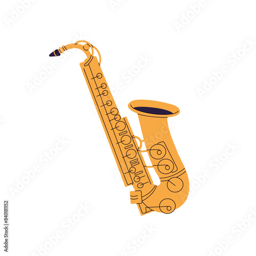 Classical golden saxophone icon. Professional gold sax. Wind, brass music instrument to play tunes, melody in jazz concert, blues performance. Flat isolated vector illustration on white background