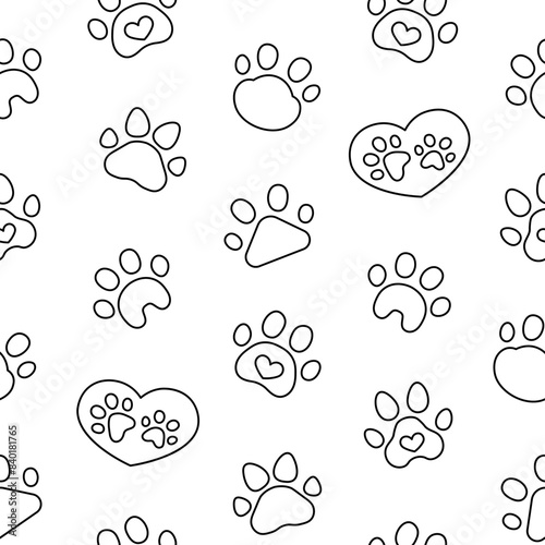 Dog or cat paw print. Seamless pattern. Coloring Page. Animal footprints. Hand drawn style. Vector drawing. Design ornaments.