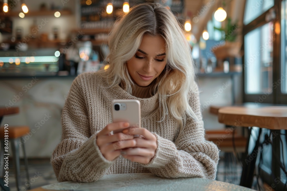 Blonde woman on phone at table Blonde woman on phone at table