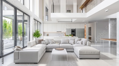 A modern minimalist home interior design with clean lines  sleek furniture  and neutral color palette  featuring an open-concept living space connected to a spacious kitchen  bathed in natural light.