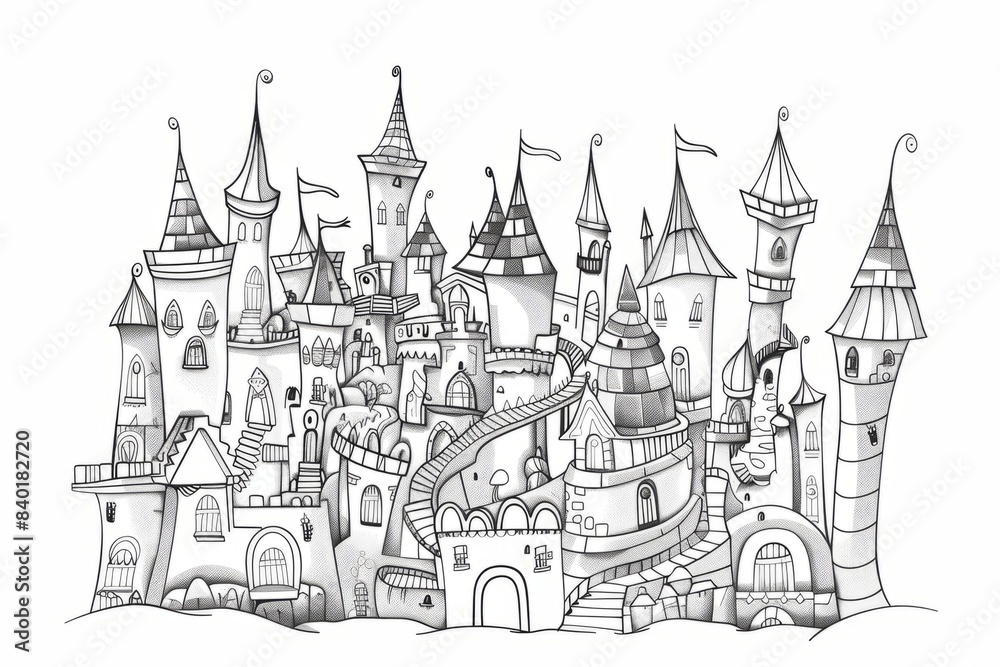 Cartoon cute doodles of a fantasy castle with intricate turrets and winding staircases, Generative AI