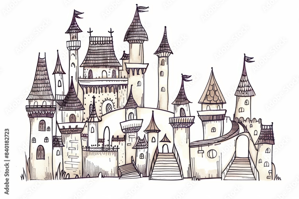 Obraz premium Cartoon cute doodles of a fantasy castle with intricate turrets and winding staircases, Generative AI