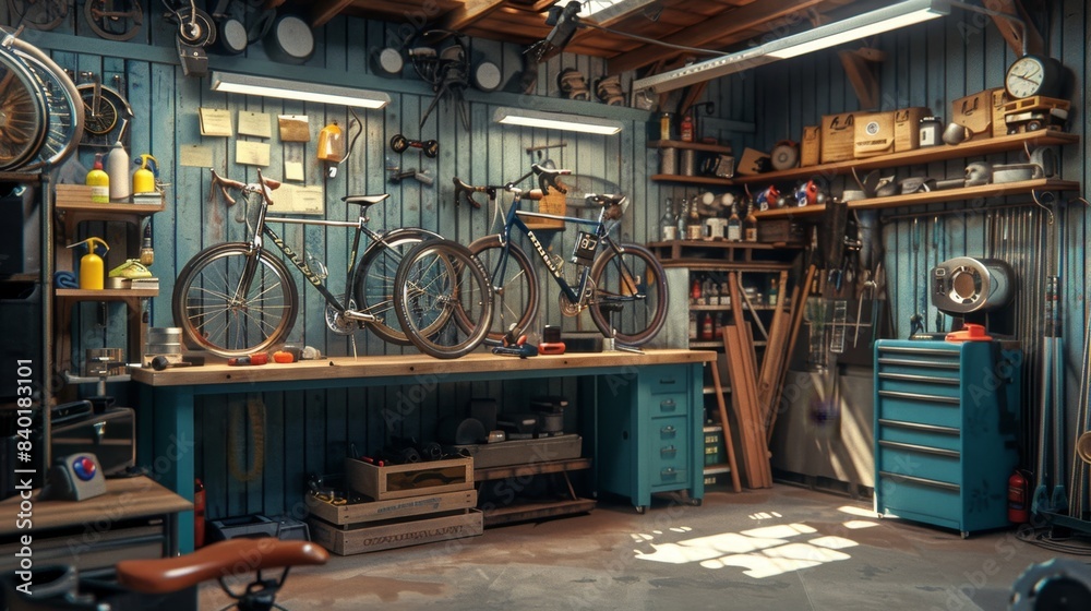 Artisanal Bicycle Workshop Custom Bike Frames Wheels and Bespoke Accessories on Tool Bench with Blank Business Cards Craft Your Perfect Ride