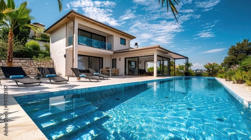 Luxury modern vacation home with a swimming pool. Sunbeds  relaxing vacation Mediterranean