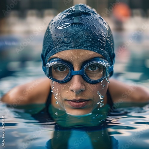 A determined female swimmer trains in a pool, wearing goggles and a swim cap © mattegg