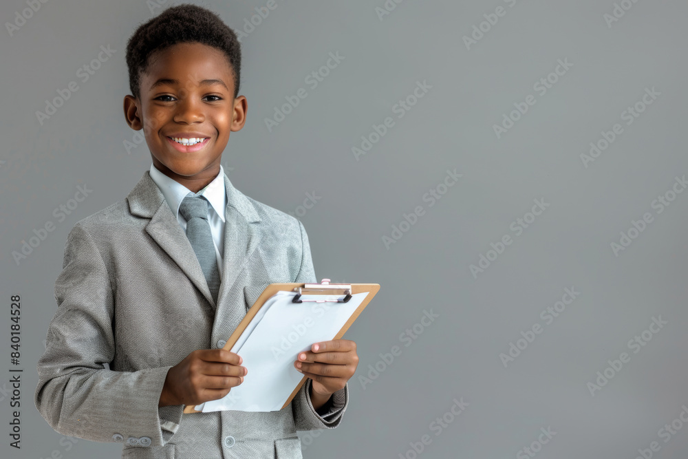 Smiling young boy in a gray suit holding a clipboard on a gray background Smiling young boy in a gray suit holding a clipboard on a gray background