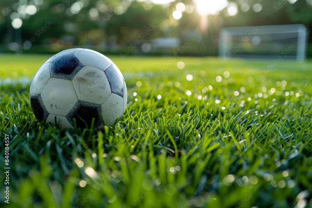 Soccer Ball on Grass Field in Bright Sunlight. Generative AI.
