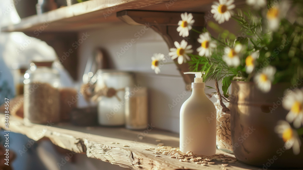 Fototapeta premium Natural hand soap bottle on a rustic wooden shelf with flowers