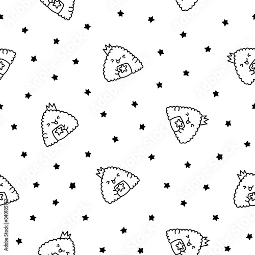Cute kawaii onigiri. Seamless pattern. Coloring Page. Funny sushi cartoon character. Asian rice and nori food. Hand drawn style. Vector drawing. Design ornaments.