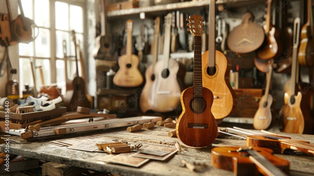 Naklejka premium Artisanal Guitar Workshop Craftsmanship Creativity and Customization in a Rustic Setting
