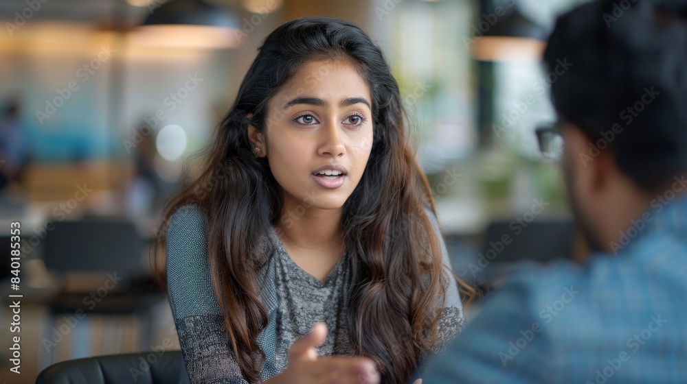 South Asian female designer talking with an Indian project manager, having a conversation while busy working on a corporate team project. South Asian female designer talking with an Indian project manager, having a conversation while busy working on a corporate team project.