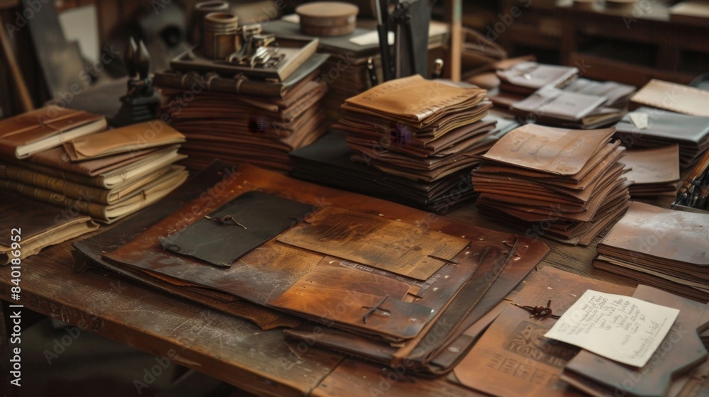 Obraz premium Artisanal Leather Journal Workshop Crafting Timeless Elegance with Business Cards Embossing Tools and Handcrafted Journals