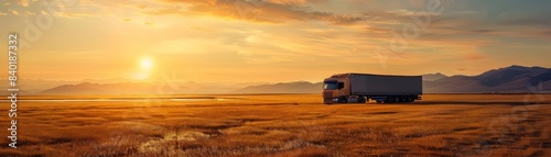 Truck moving through a goldenlit field  mountains in the distance under a vibrant sunrise  showcasing the fusion of nature and commerce