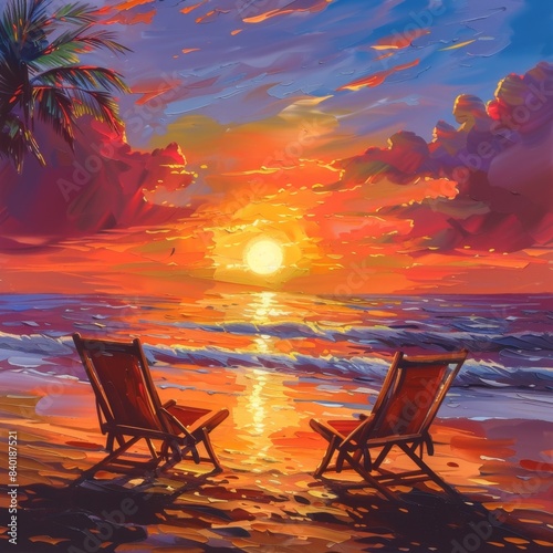 The painting depicts a tranquil beach scene at sunset. Two empty wooden beach chairs sit on the shore, facing a vast ocean. The sky is ablaze with vibrant colors of orange, pink, and purple