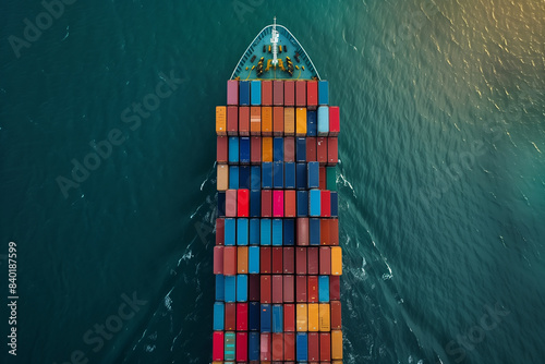 Aerial top view of Container ship loading and unloading, Cargo container in deep seaport. Export, import logistics, shipping or transportation concept © Patcharaphon