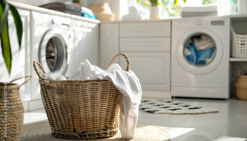 Basket with dirty clothes near washing machines in laundry room Basket with dirty clothes near washing machines in laundry room