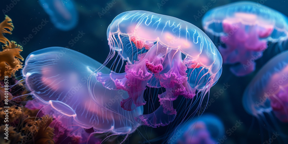 Naklejka premium A mesmerizing scene of bioluminescent jellyfish gracefully floating in the deep ocean, their translucent bodies glowing with vibrant blue and pink hues, creating an ethereal underwater spectacle..