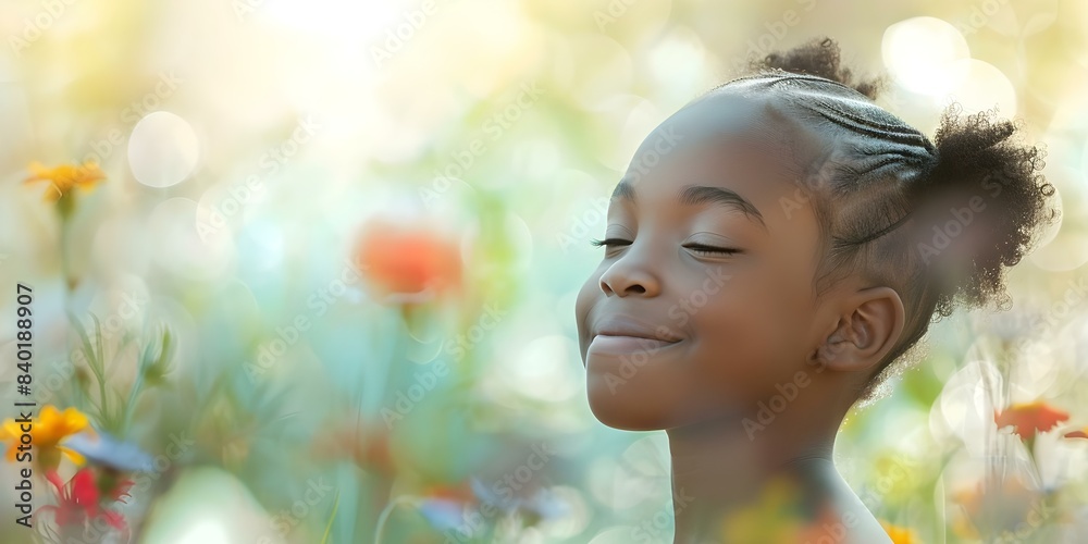 Fototapeta premium Happy African American girl in colorful field of flowers on sunny day. Concept Outdoor Photoshoot, Colorful Props, Joyful Portraits, Playful Poses