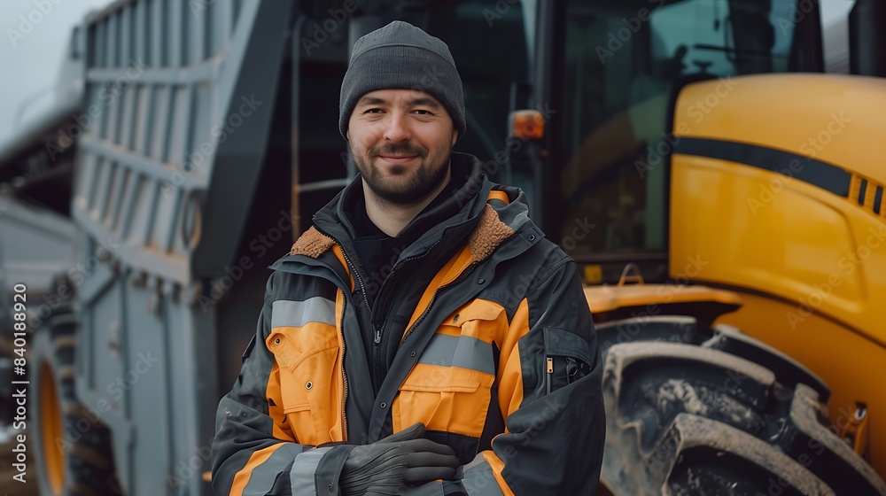 Portrait of a smiling engineer in a working suit standing in front of agricultural machinery. Grey background. 8k, realistic, full ultra HD, high resolution, and cinematic photography