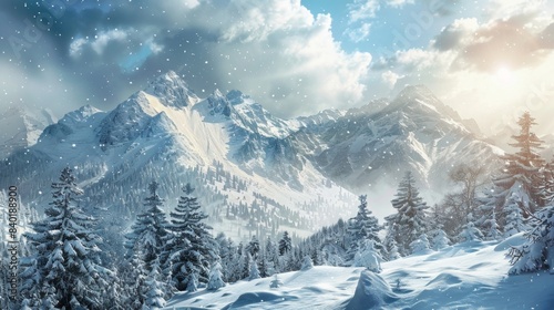 Majestic snowy mountain landscape. The mountain peak is capped with snow and there are snow-covered evergreen trees on the slopes. The sky is a clear blue with a few white clouds.