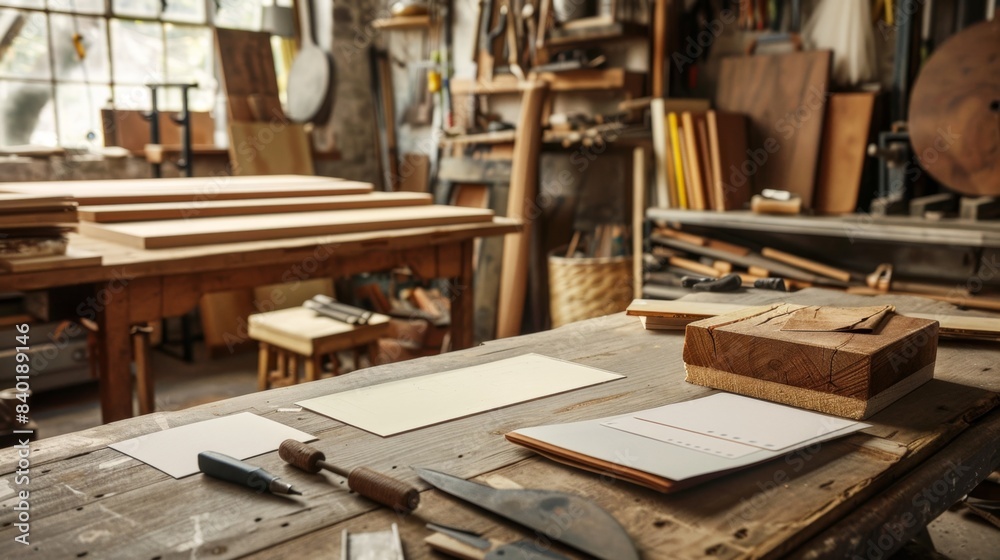 Artisanal Craftsmanship Custom Furniture Workshop with Handcrafted Business Cards Sketchbook and Woodworking Tools Artisanal Craftsmanship Custom Furniture Workshop with Handcrafted Business Cards Sketchbook and Woodworking Tools