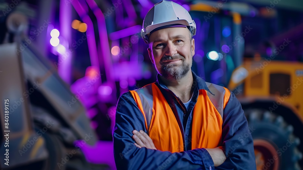 Portrait of a smiling engineer in a working suit standing in front of agricultural machinery. Purple background. 8k, realistic, full ultra HD, high resolution, and cinematic photography