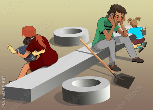 Family difficulties and emotional burnout on the background of debts. An emotionally stressful moment in the life of a family sitting on interest-bearing symbols symbolizing debts. The illustration sy