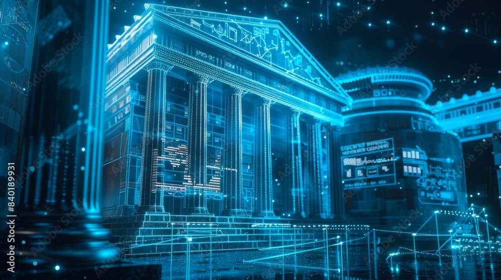 Obraz premium A futuristic bank building with holographic graphs and financial charts, representing the integration of blockchain technology in a modern colony era credit system.