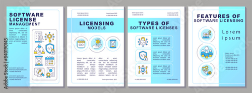 Software licenses management brochure template. Leaflet design with linear icons. Editable 4 vector layouts for presentation, annual reports. Arial-Black, Myriad Pro-Regular fonts used