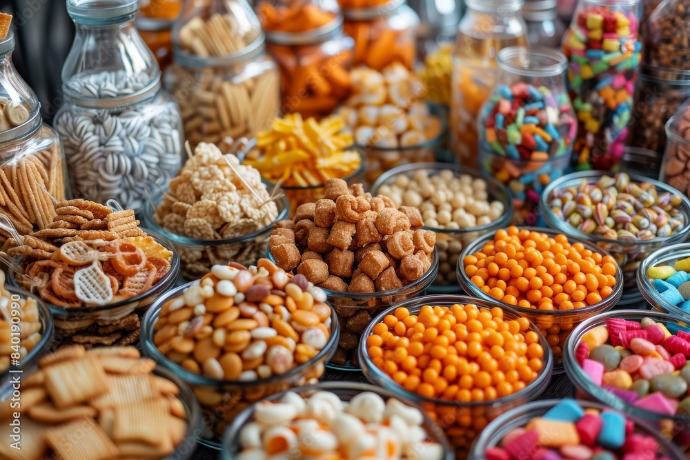 Variety of sweets and candies displayed in a market, ideal for festive and colorful celebrations Variety of sweets and candies displayed in a market, ideal for festive and colorful celebrations