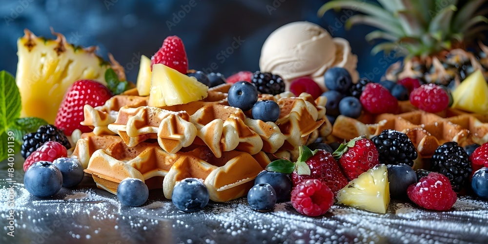 Delicious waffles with ice cream berries and pineapple on a tropical background. Concept Waffle Photography, Ice Cream and Berries, Pineapple Presentation, Tropical Background, Delicious Desserts Delicious waffles with ice cream berries and pineapple on a tropical background. Concept Waffle Photography, Ice Cream and Berries, Pineapple Presentation, Tropical Background, Delicious Desserts