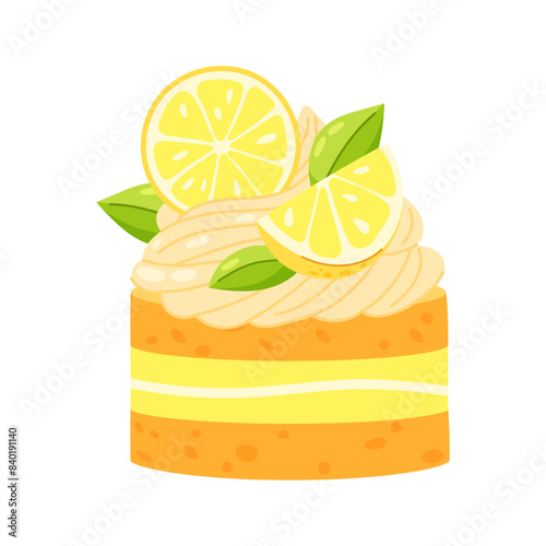 Lemon cake with lemon slices in flat style. Lemon dessert, lemon cake. Bento cake with cream and lemon.