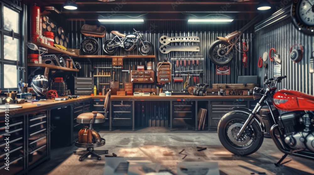Naklejka premium Custom Motorcycle Workshop Crafting Bespoke Bikes with Leather Seats and Tools Business Cards Ready for Your Branding